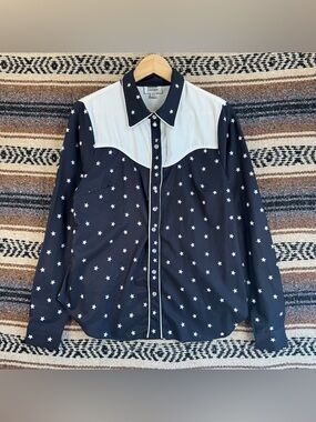 UNIQUE VINTAGE Navy White Star Print Western Button Down Shirt Women's Large L